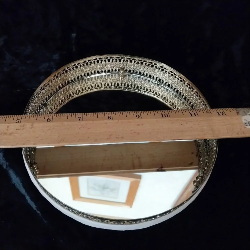 Round Mirrored vanity dresser Tray Hollywood Regency 12